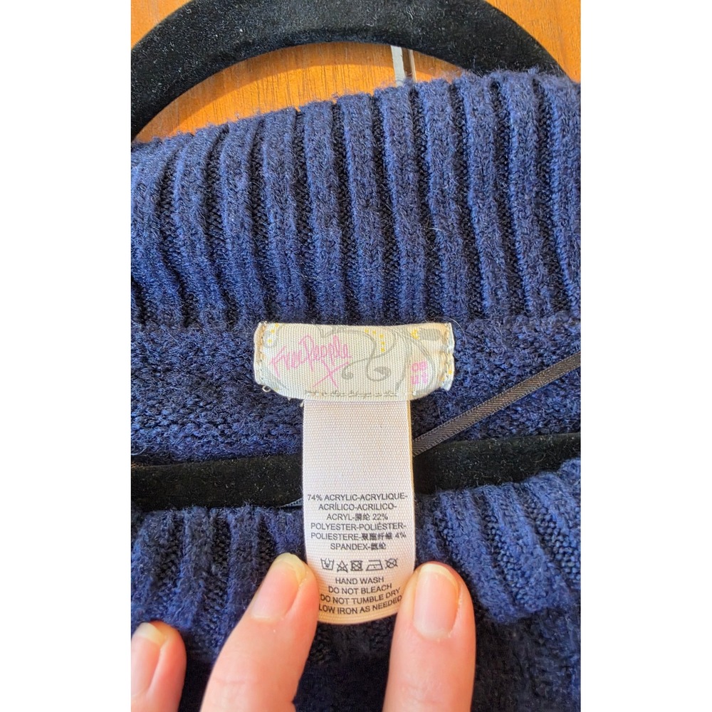 Free People Navy Blue Knit Poncho Sweater Oversized OS Lagenlook Boho Granola - Picture 3 of 5